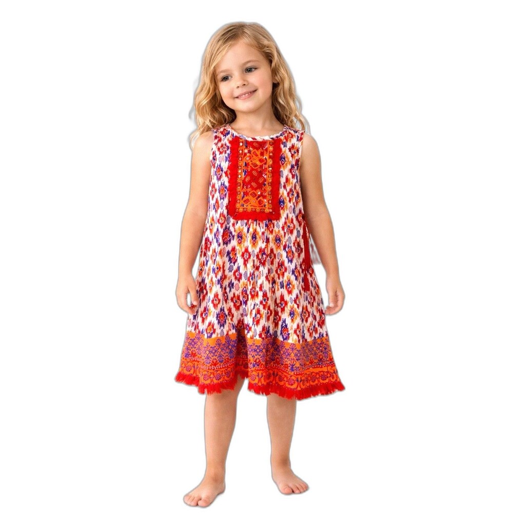 Boho Embroidered Girls Dress Aztec Print Tassel Fringe Bright Size 1.5
